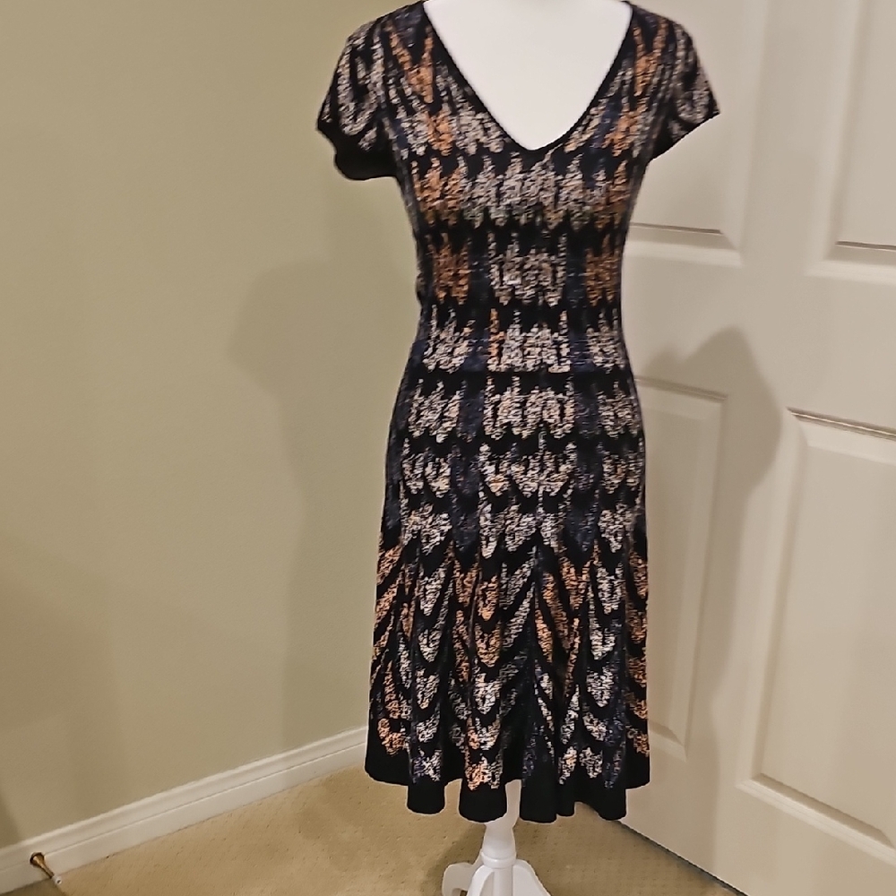 BCBGMaxAzria Black and Tan Patterned Midi Dress